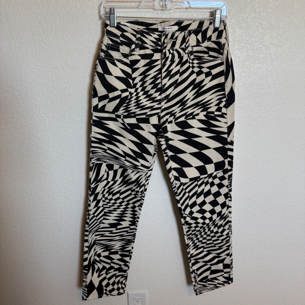 Trippy Psychedelic Warped Checkerboard PacSun Mom Jeans 25 Black White